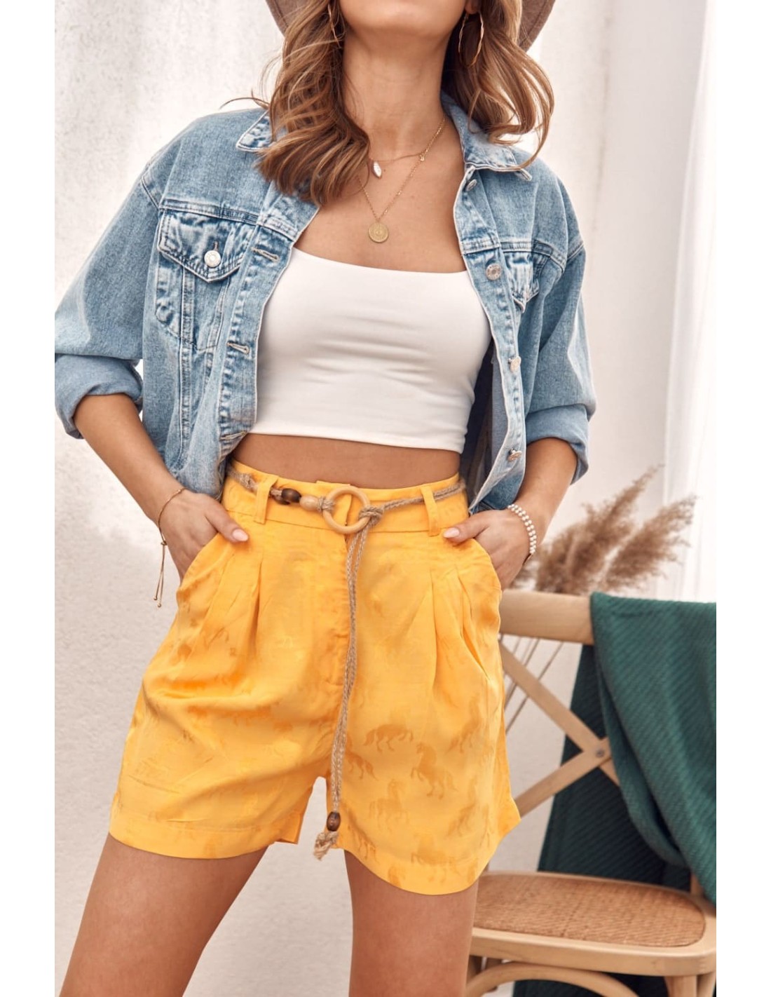 High-waist shorts with an embossed pattern, yellow MP47359 - Online store - Boutique